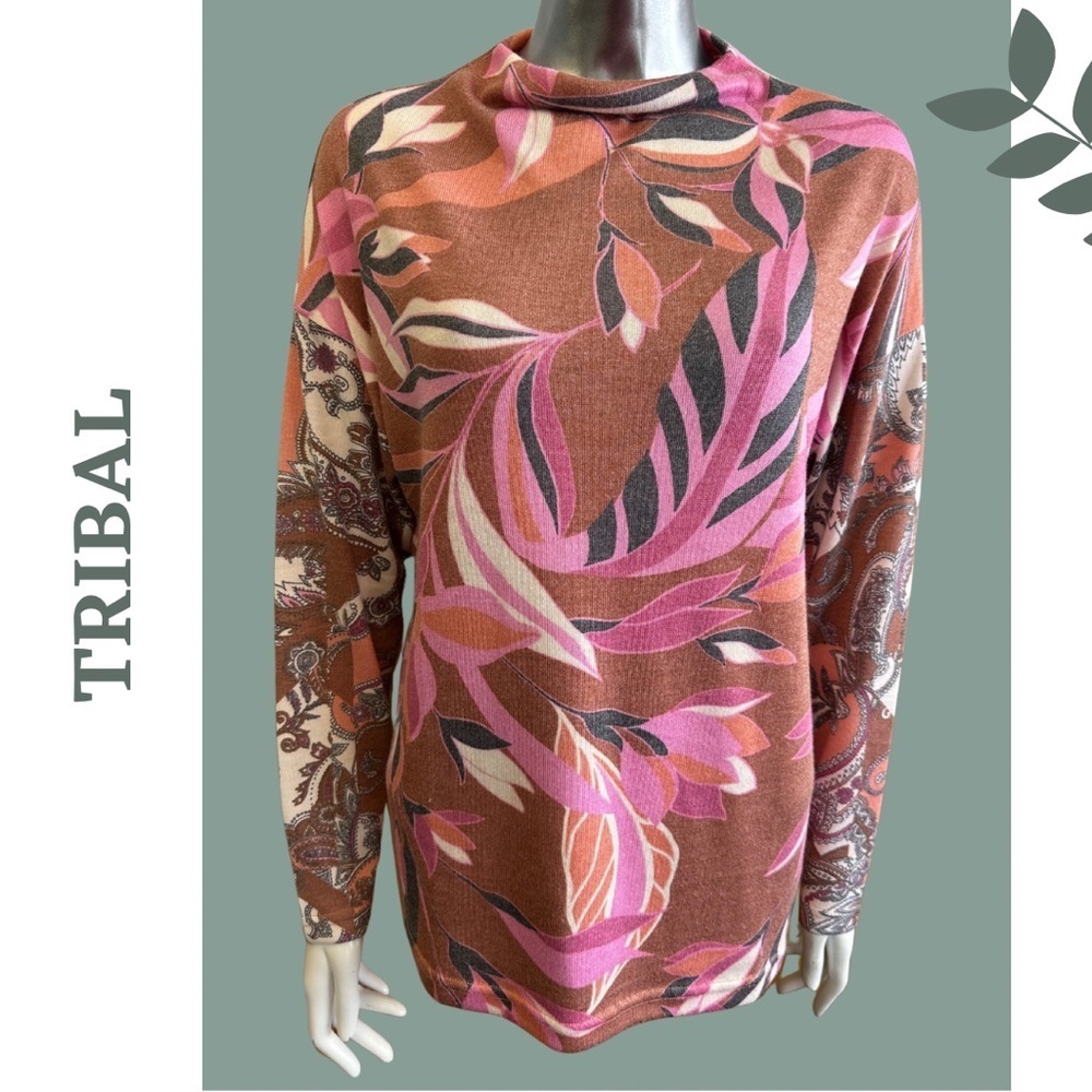 Tribal Denise Drop Shoulder Funnel Neck Top in Marsala - 5672O-4214 Pink Medium